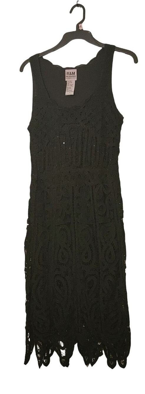 Elegant Black Lace Knee Length Dress Size M